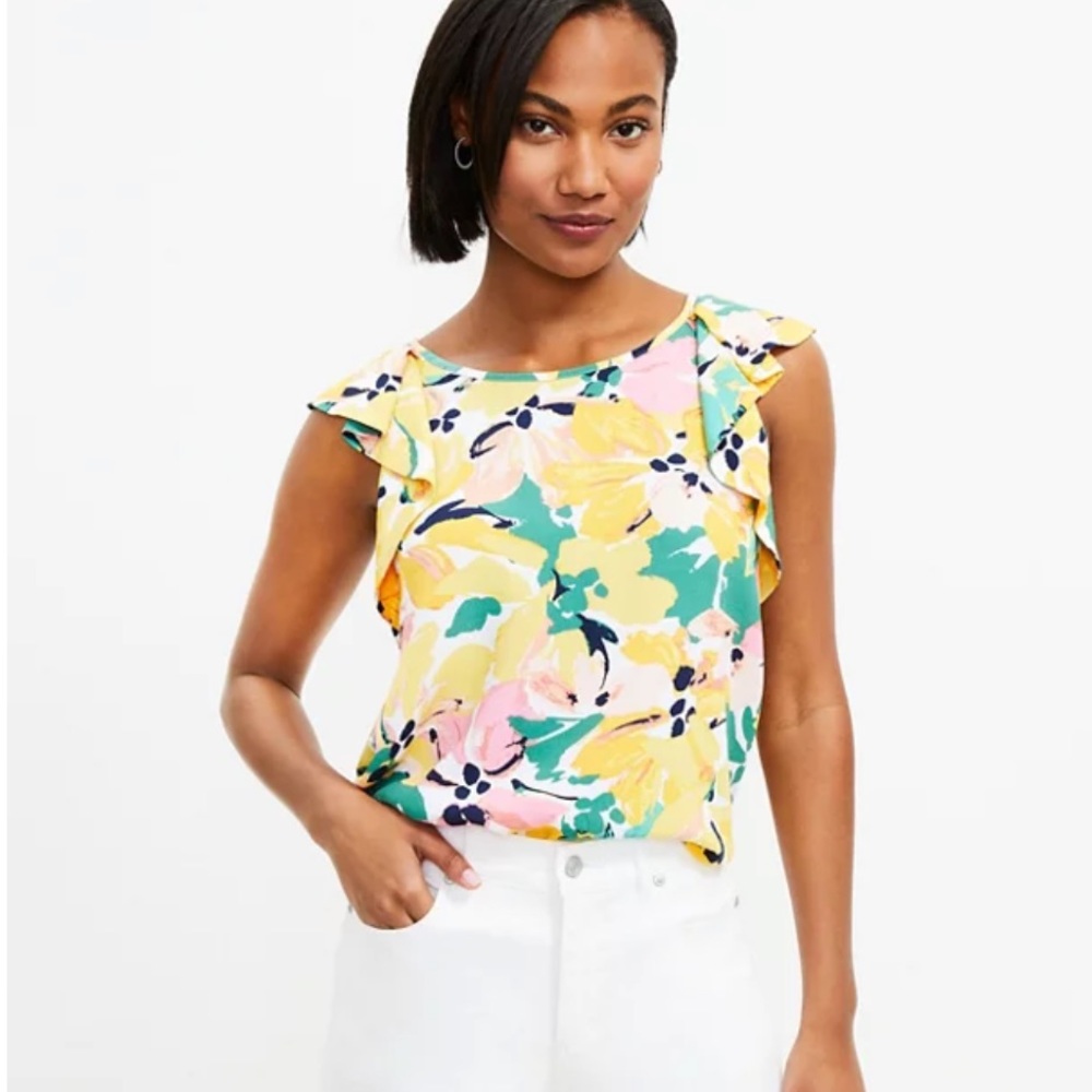 LOFT Floral Ruffle V-back Shell Sz Lg - NWT